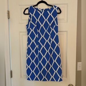 Alyx Blue and White Mock Neck Sheath Dress